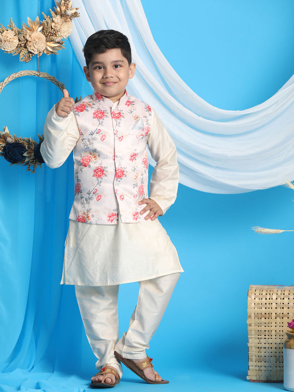 Boy's Peach Floral Printed Nehru Jacket With Cream Color Kurta And Pyjama Set